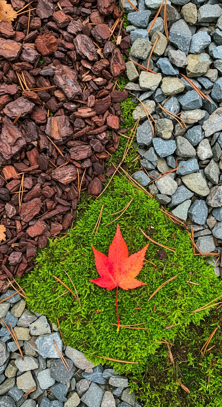 A textured ground cover of bark, gravel, and moss, with a single red maple leaf.