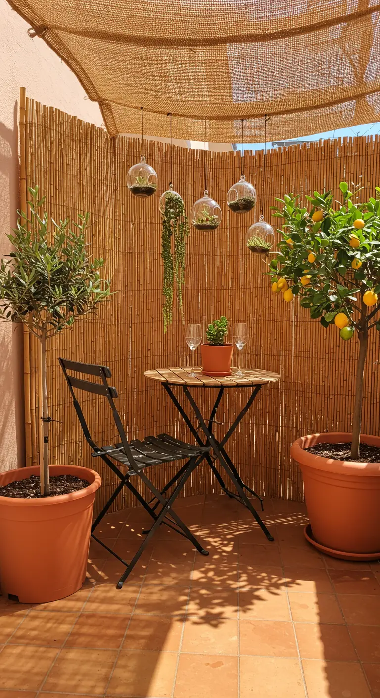 A sunny patio with a bamboo screen, bistro set, and potted lemon and olive trees.