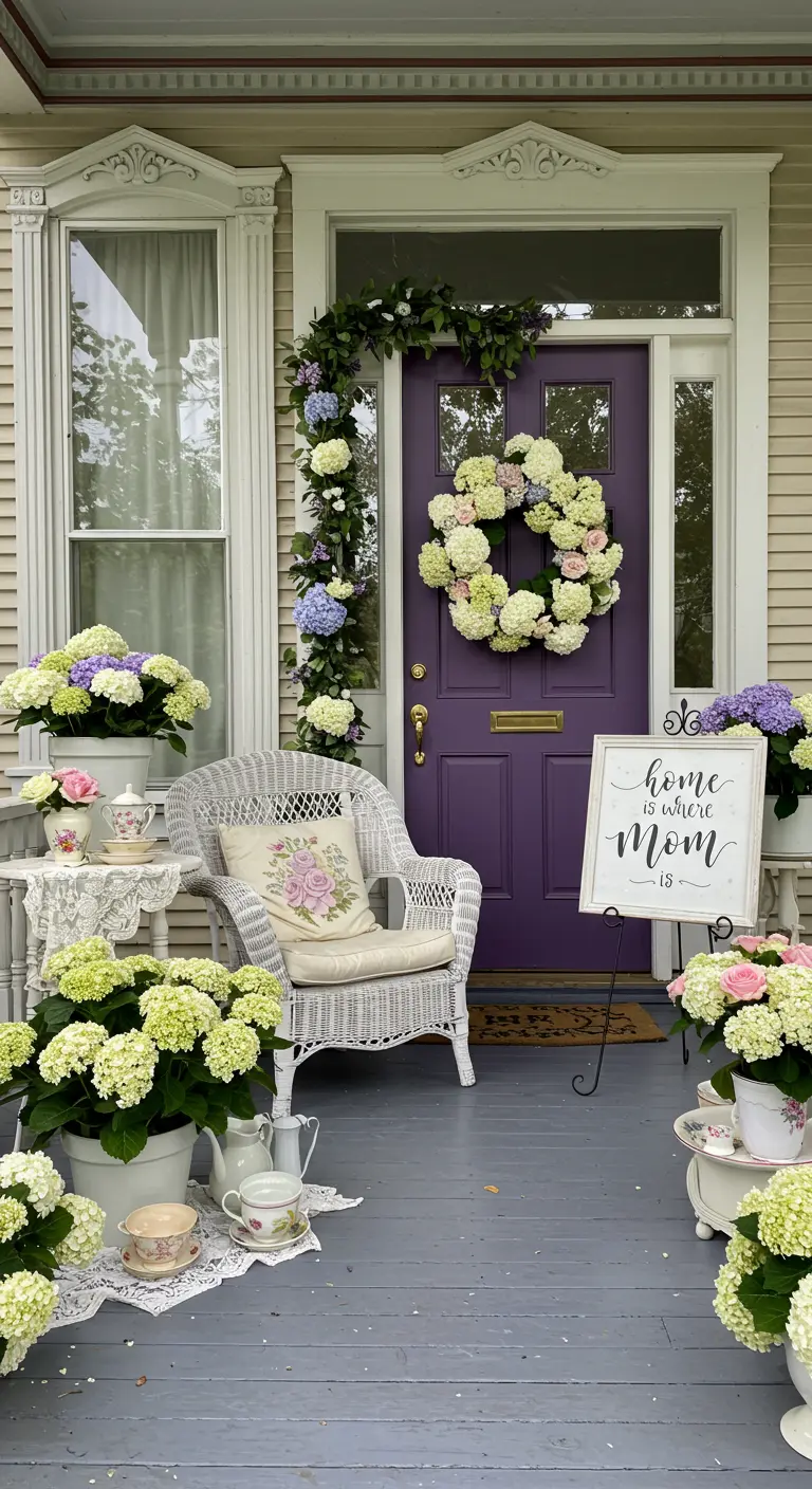 Mother's Day porch with white hydrangeas, a wicker chair, and teacups.
