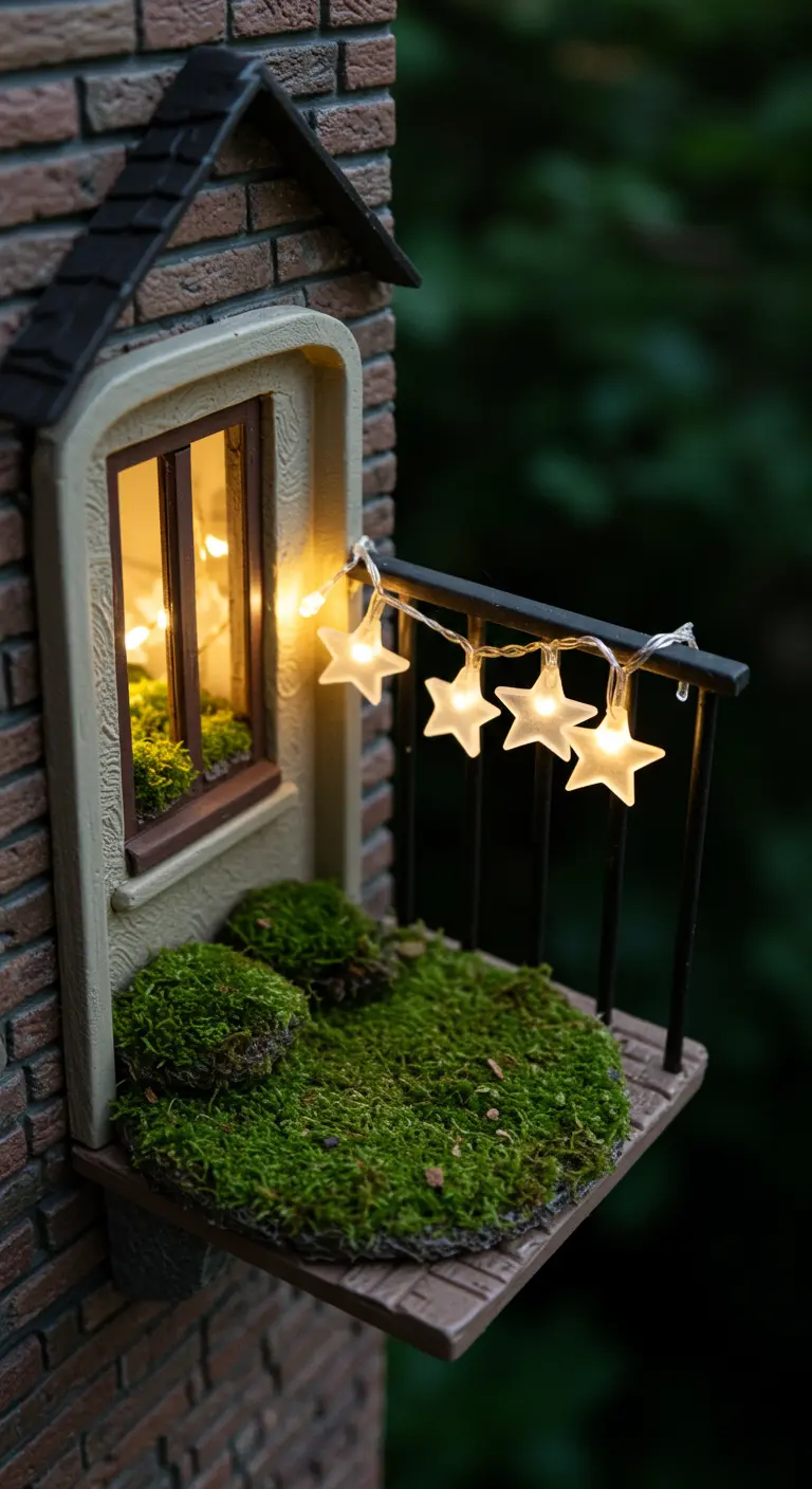 A miniature balcony on a brick wall with a moss floor and tiny star lights.