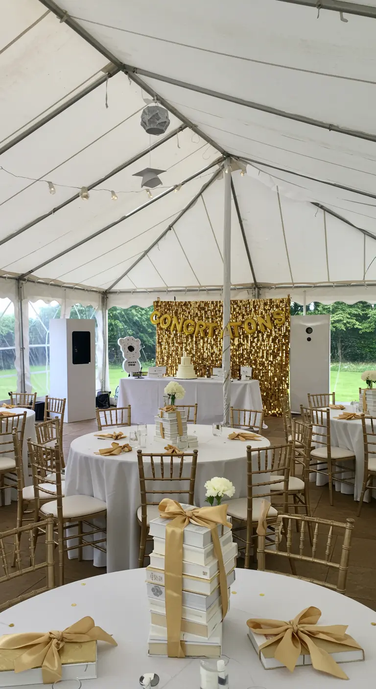 A party tent decorated with a gold tinsel wall and gift box centerpieces.