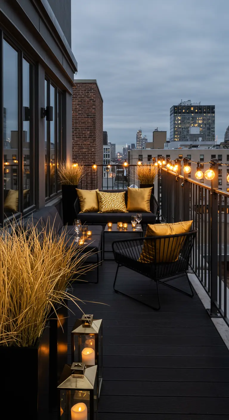 A chic city balcony at dusk with black furniture, gold pillows, string lights, and tall grasses.