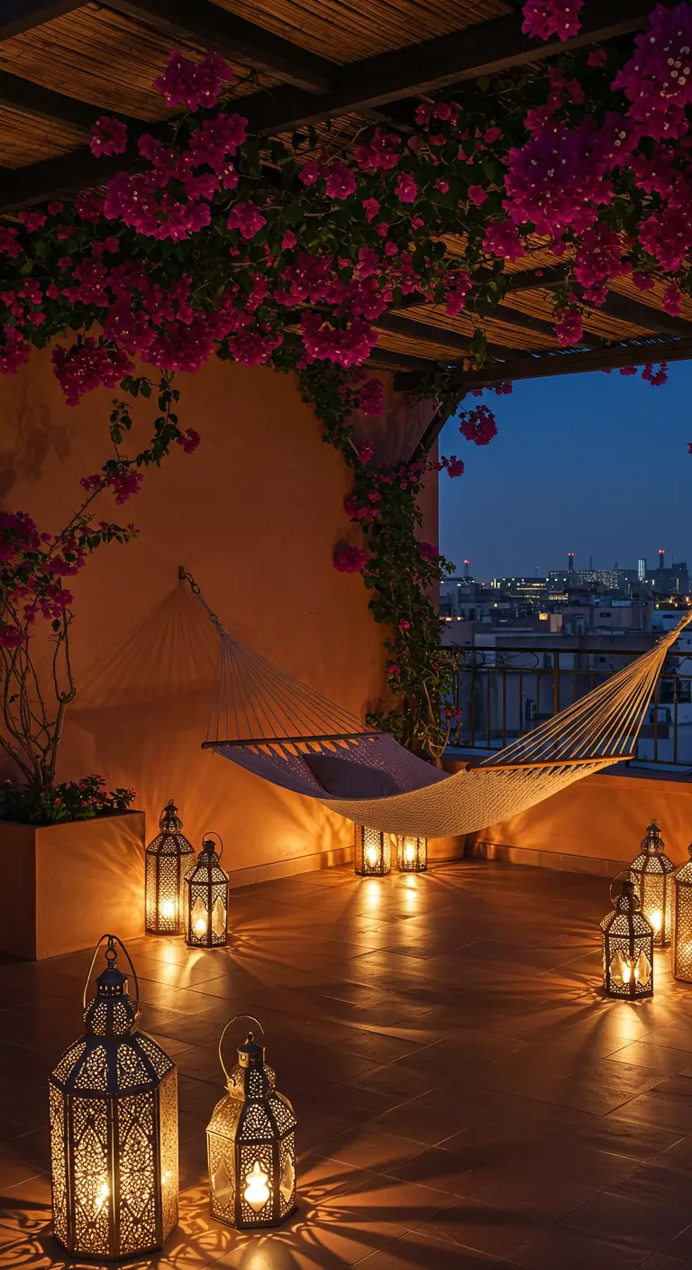 A rooftop terrace at night with a hammock surrounded by many glowing Moroccan lanterns.