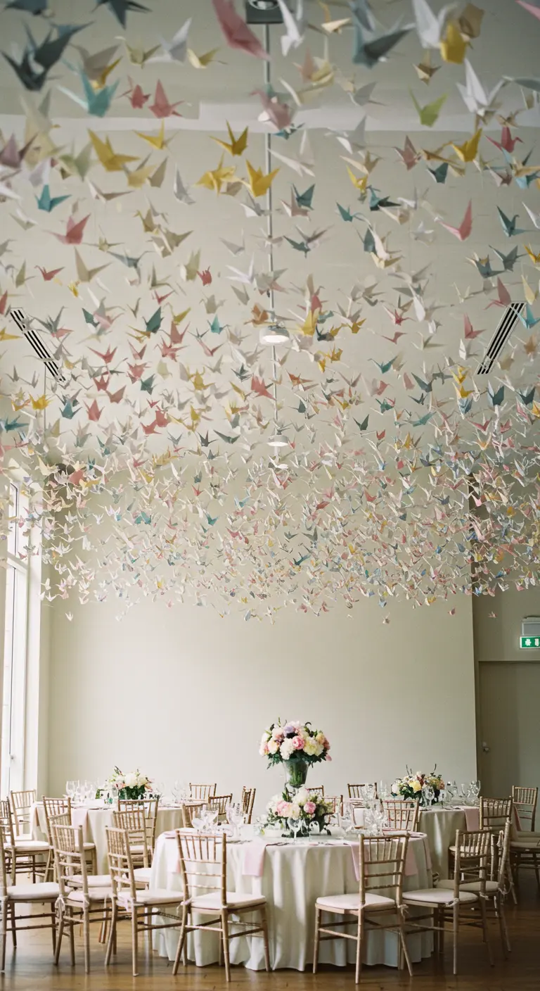 A ceiling covered with hundreds of hanging paper cranes in pastel hues.