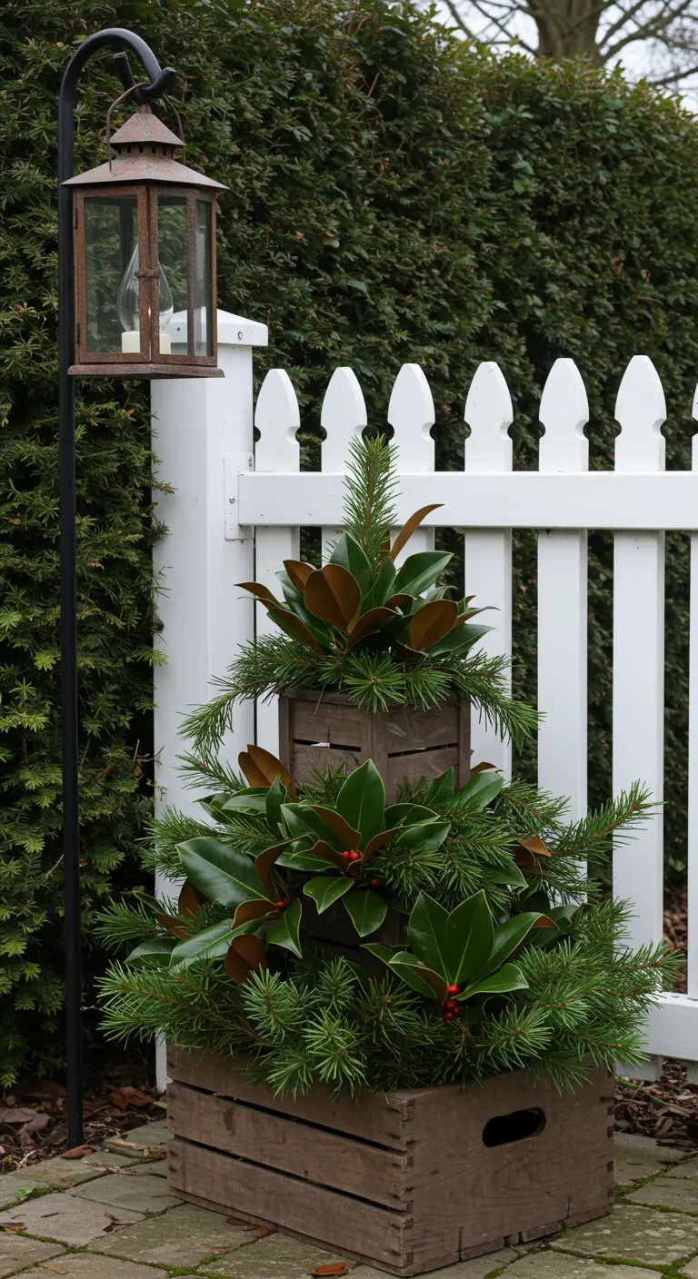 Tiered wooden crates filled with magnolia and pine next to a white fence.
