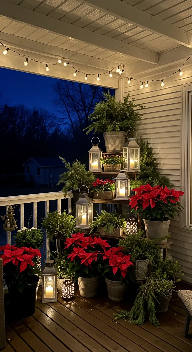 A tiered plant stand holds poinsettias, greenery, and glowing lanterns on a porch.