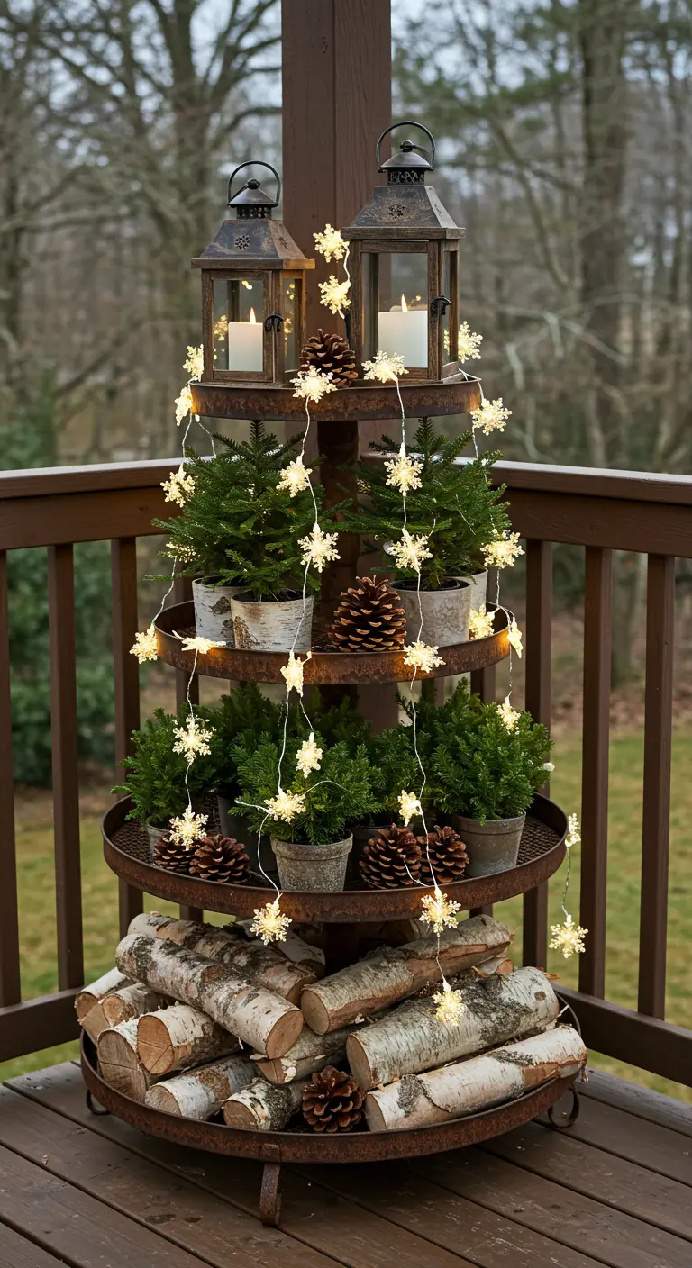 A tiered metal stand decorated with birch logs, potted pines, pinecones, and snowflake lights.