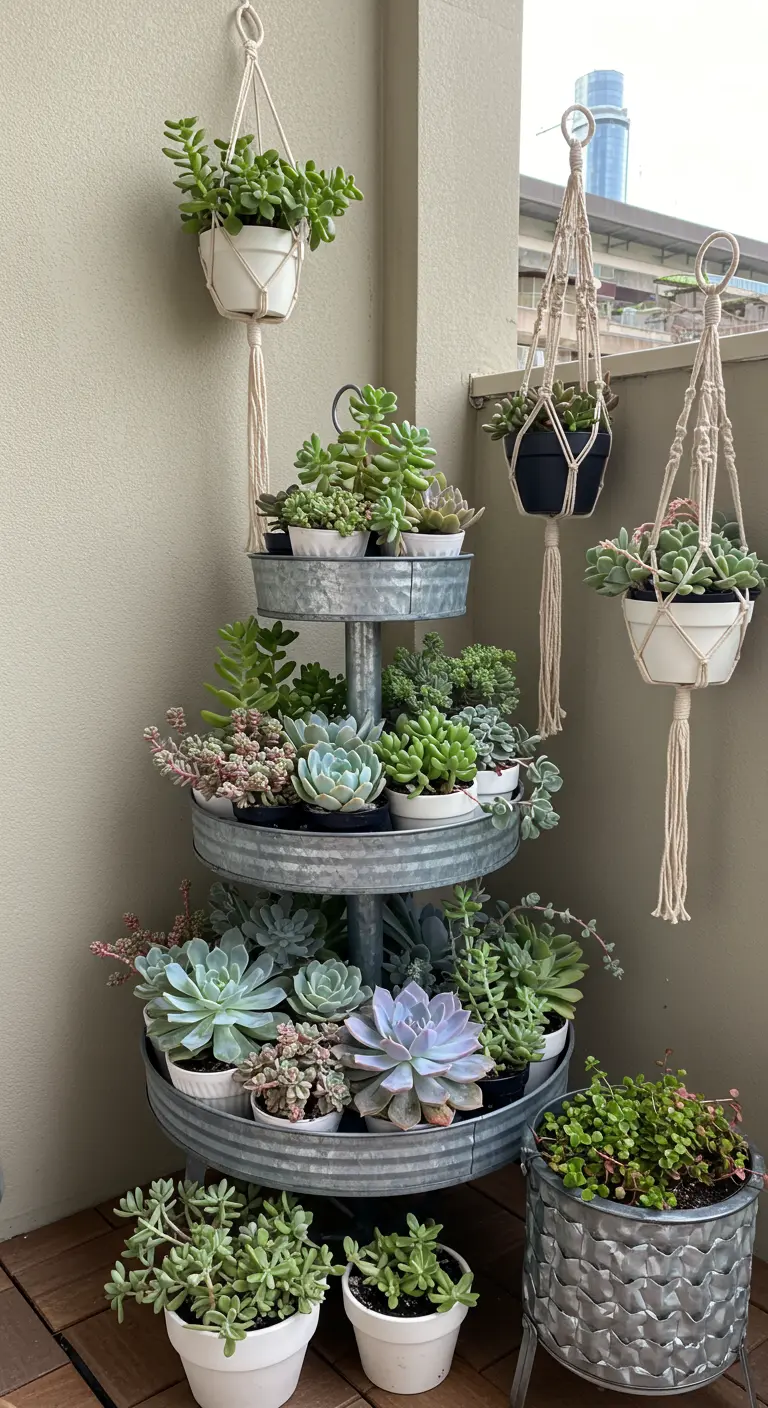 A three-tiered galvanized metal tray filled with a variety of succulents.