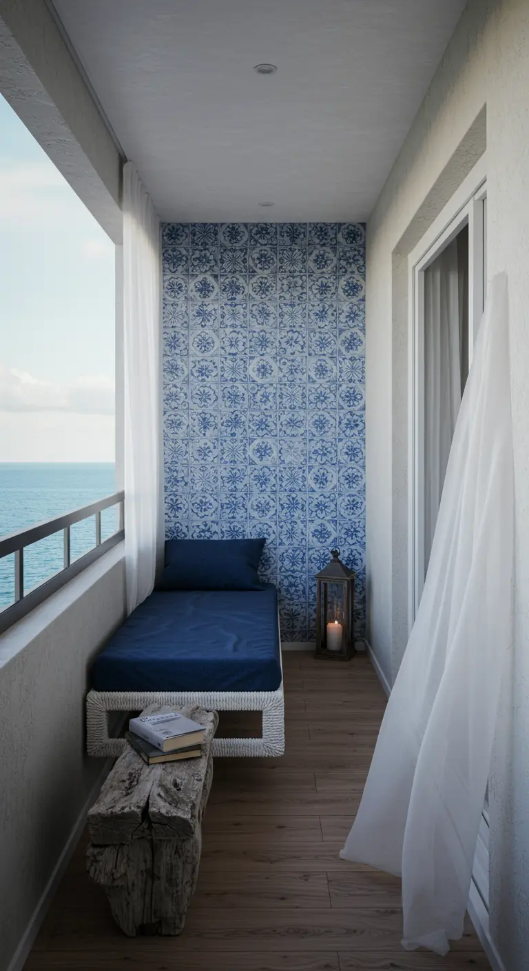 A narrow balcony with a blue and white tiled accent wall, a daybed, and a driftwood bench.