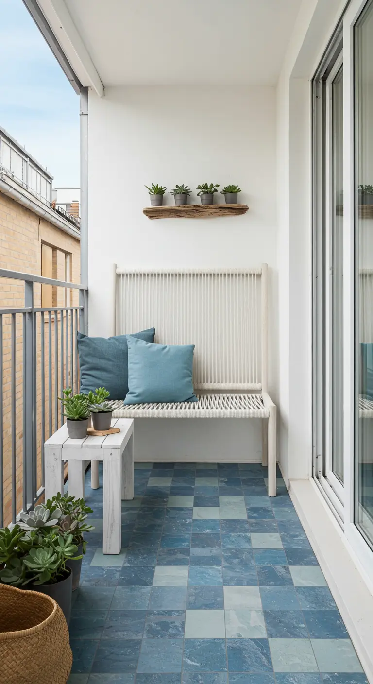 A small balcony with a white rope bench, blue-gray tiles, and a driftwood shelf holding succulents.