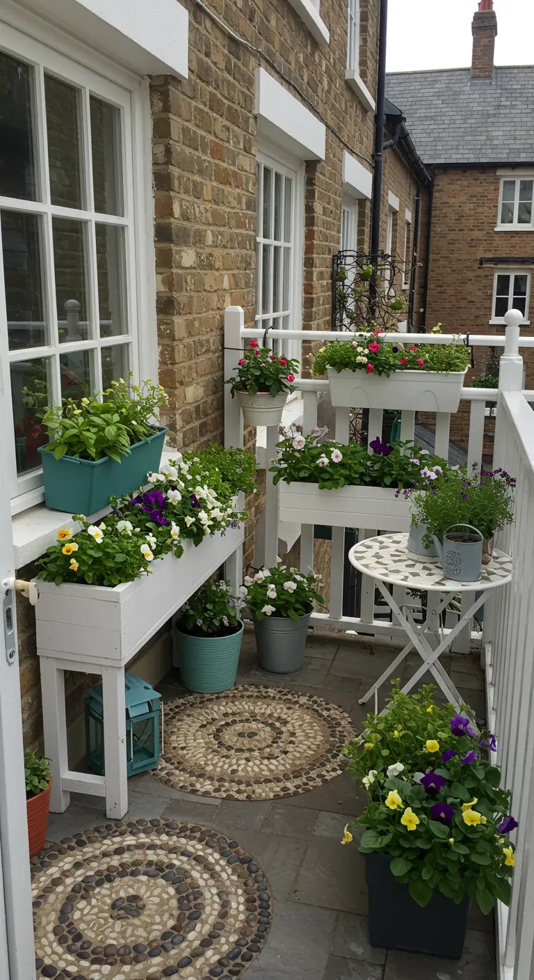 A small, crowded balcony with colorful flowers, tiered planters, and pebble rugs.