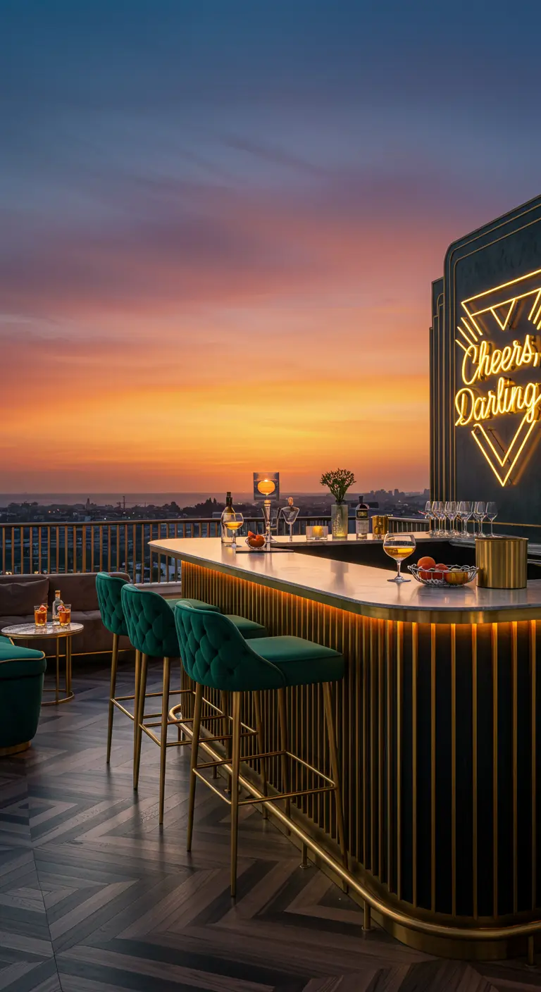 Glamorous Art Deco rooftop bar with a 'Cheers, Darling' neon sign and velvet stools.