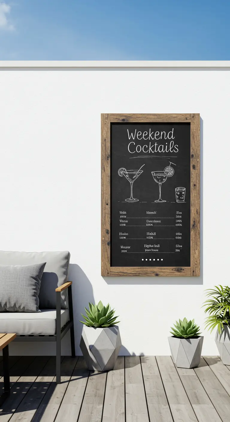 A minimalist chalkboard cocktail menu on a white balcony wall.