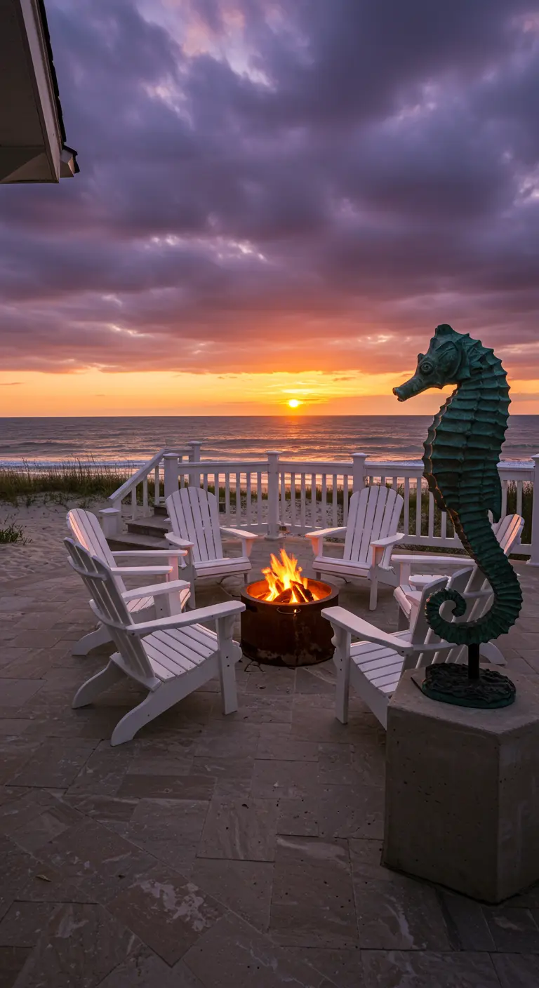 A large verdigris seahorse statue next to a fire pit surrounded by white Adirondack chairs.