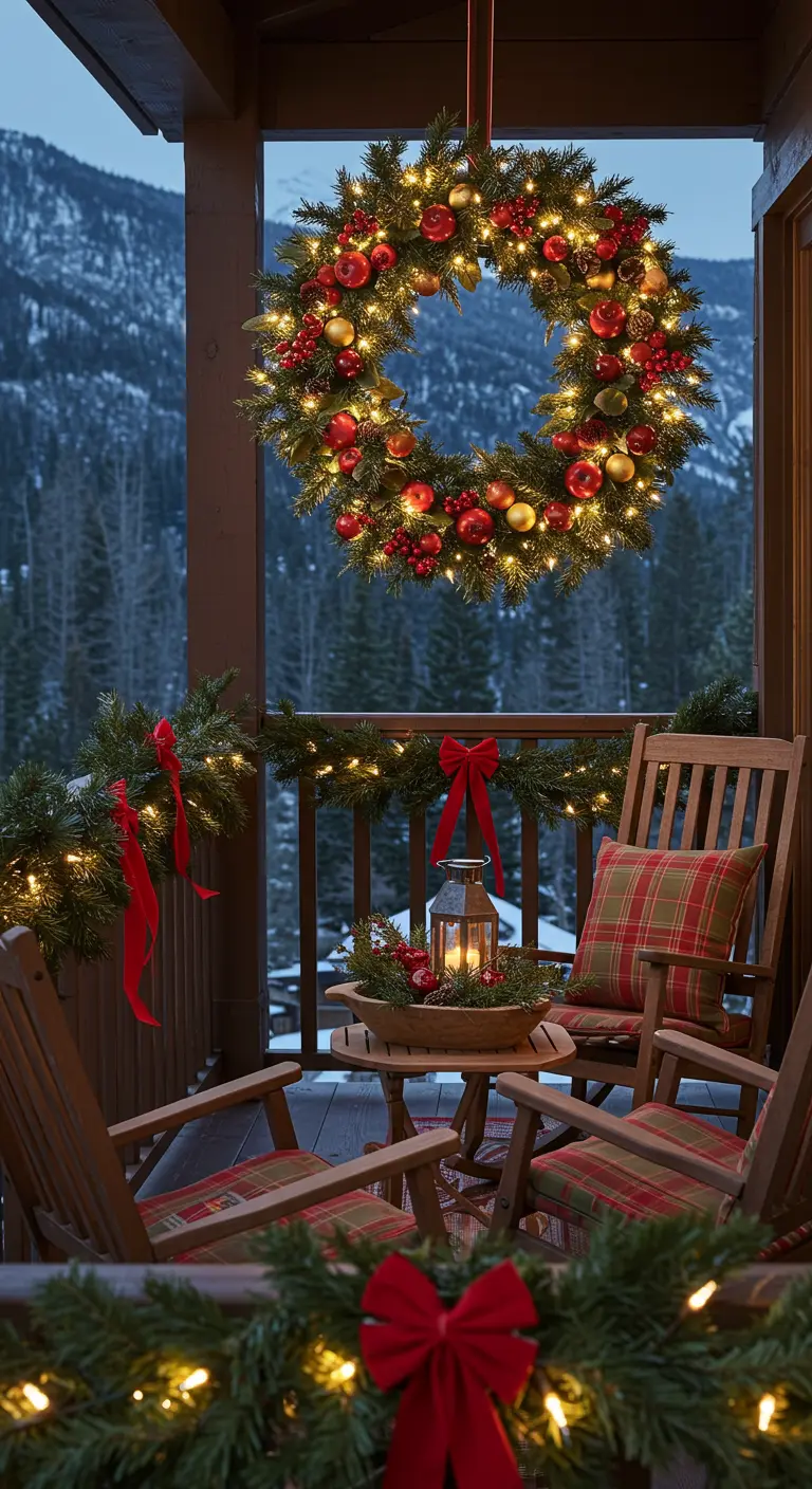 A classic Christmas balcony with a large wreath featuring red and gold ornaments and red bows.