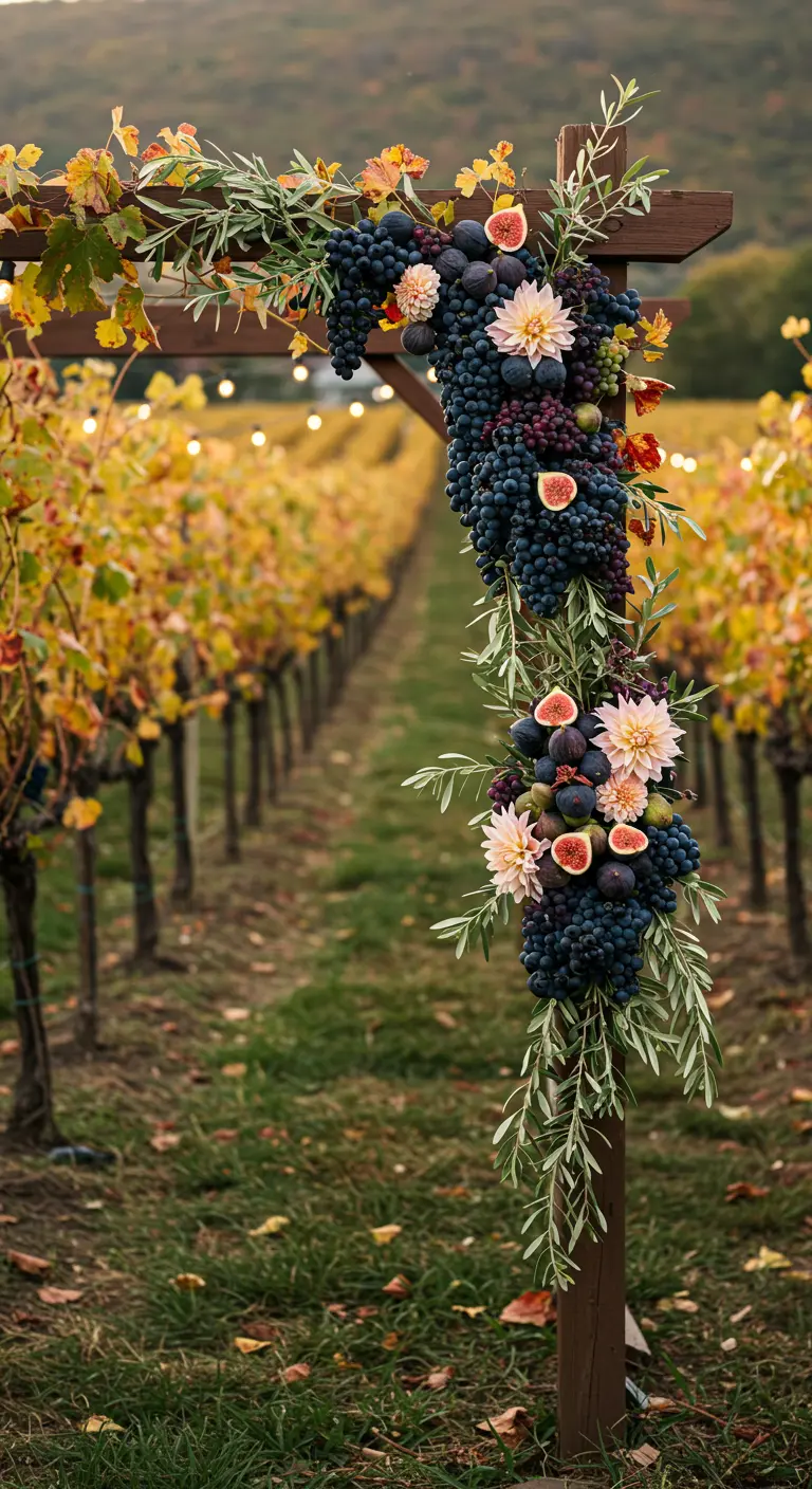A wedding arch in a vineyard decorated with grapes, figs, and flowers.