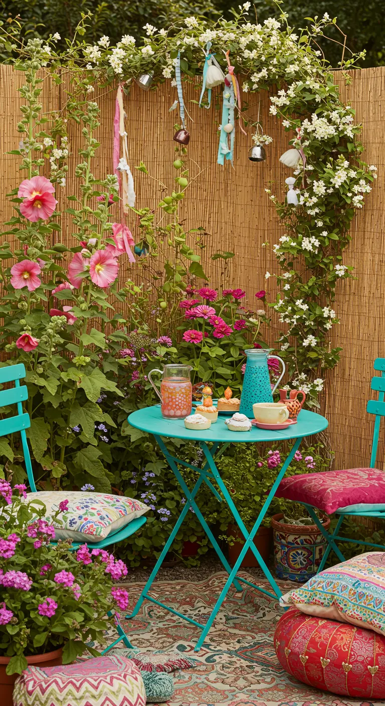 A turquoise bistro set with colorful bohemian cushions, set against a bamboo screen.