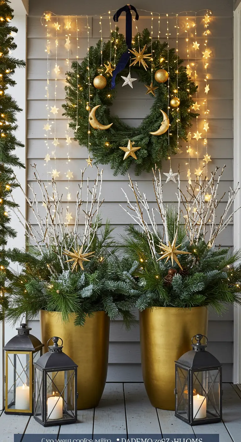 Elegant porch decor with gold planters, a wreath, and celestial-themed star and moon ornaments.