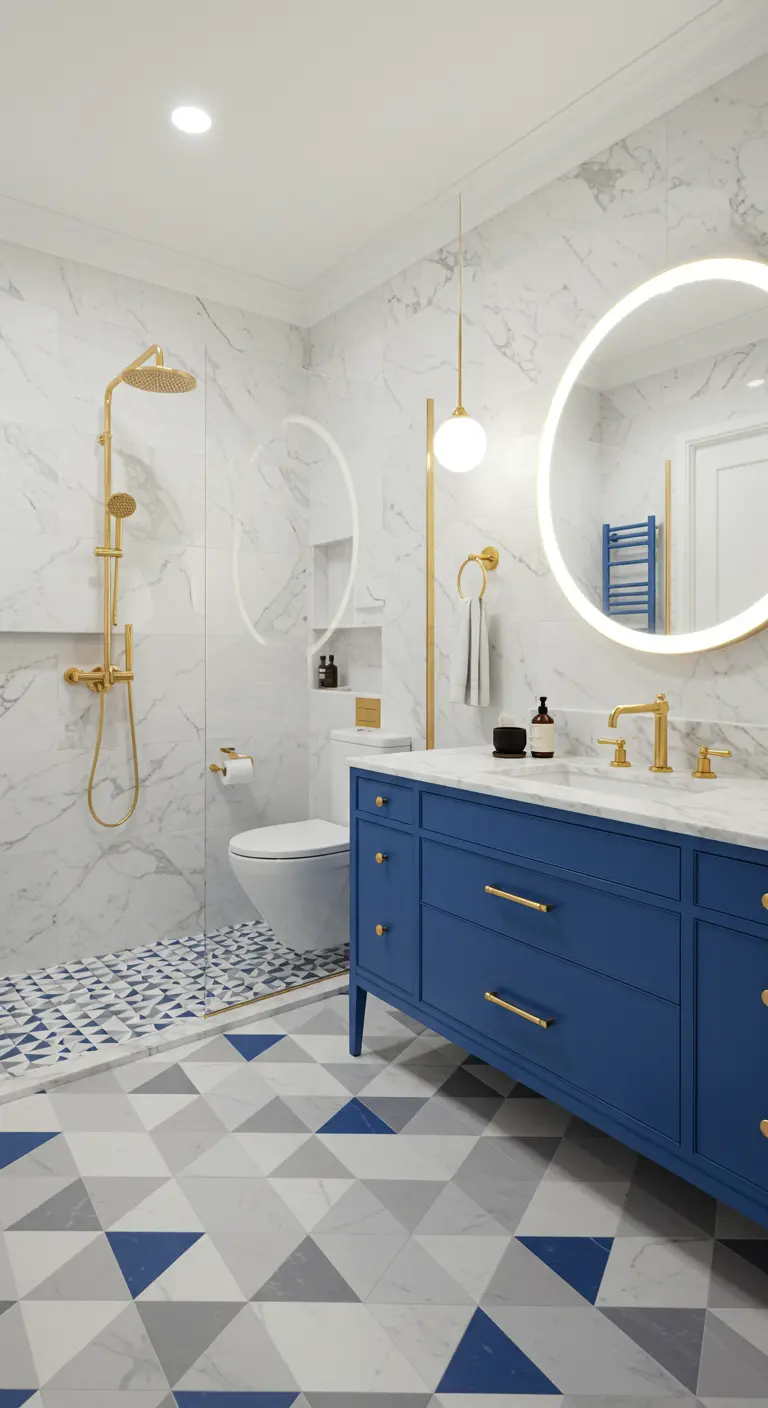 White marble bathroom with a bold cobalt blue vanity and geometric floor tiles.