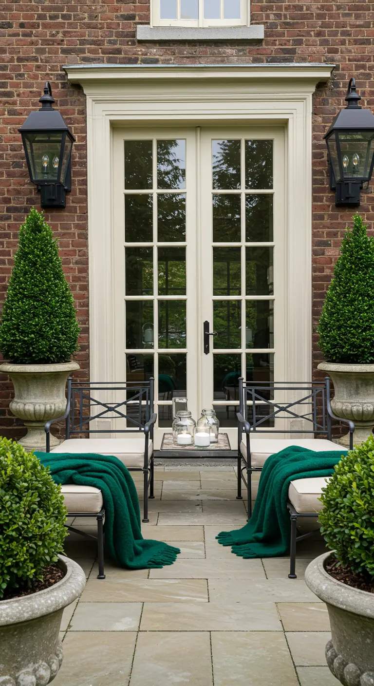 A formal patio with black metal chairs, emerald green blankets, and cone-shaped topiaries.