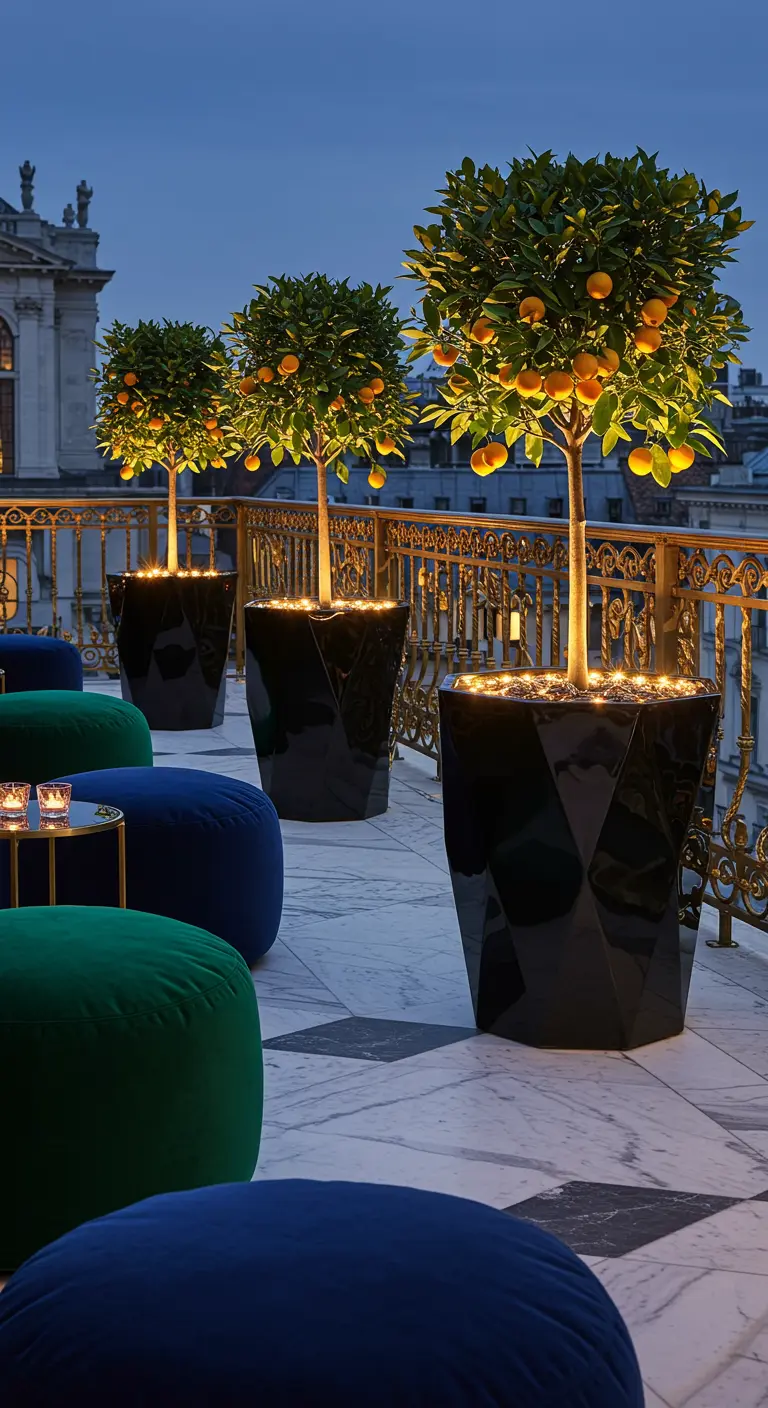 Luxurious terrace with blue and green poufs, citrus trees in black faceted planters, and a marble floor.