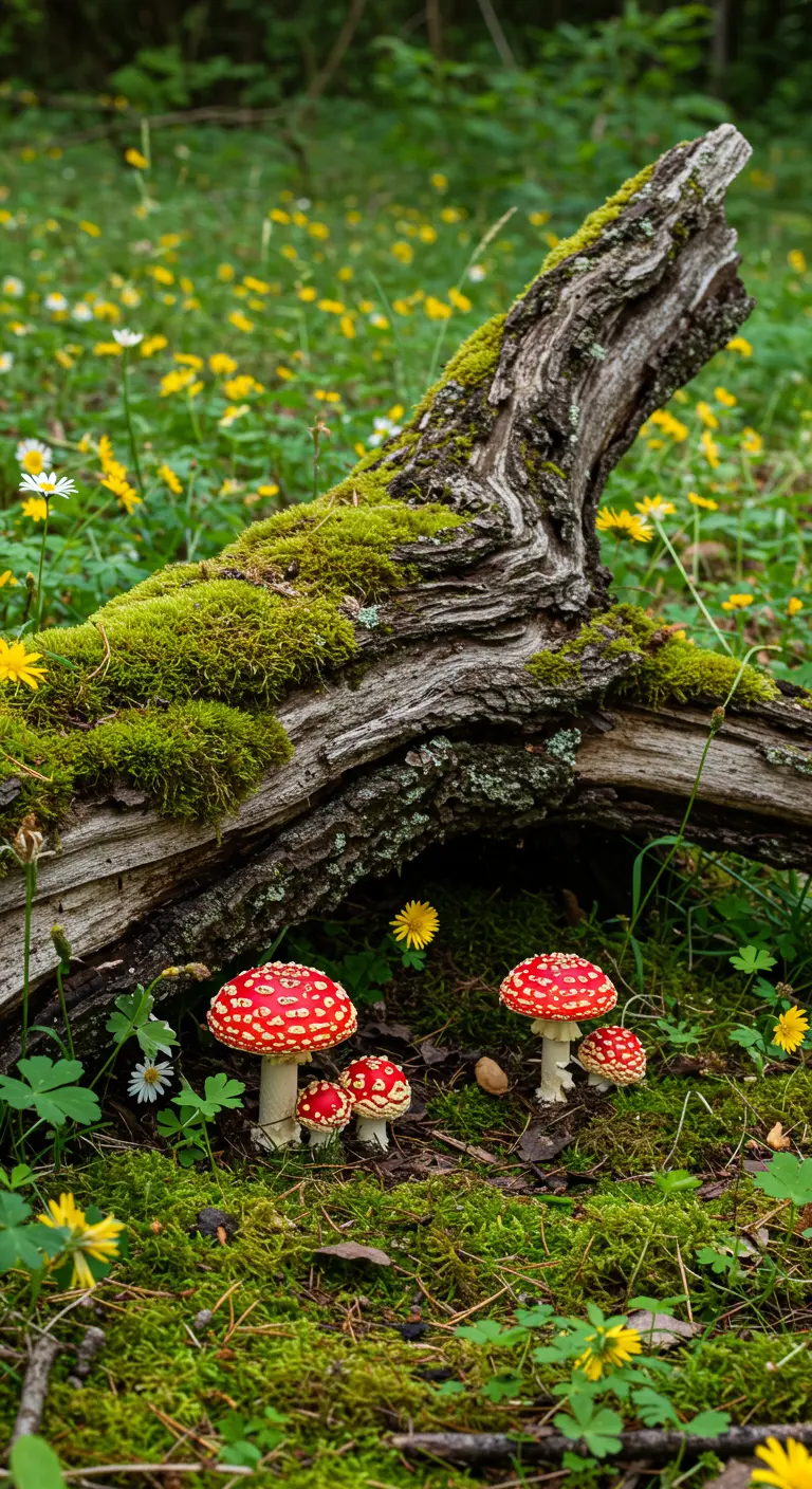 A mossy log in a wildflower meadow with red and white Fly Agaric toadstools nearby.