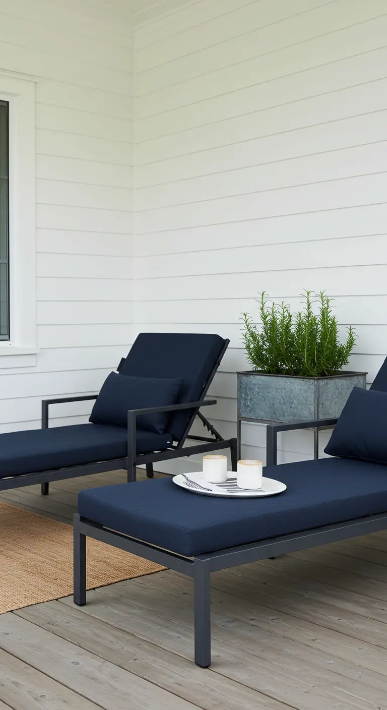 Dark chaise lounges on a porch with a galvanized steel planter filled with rosemary.