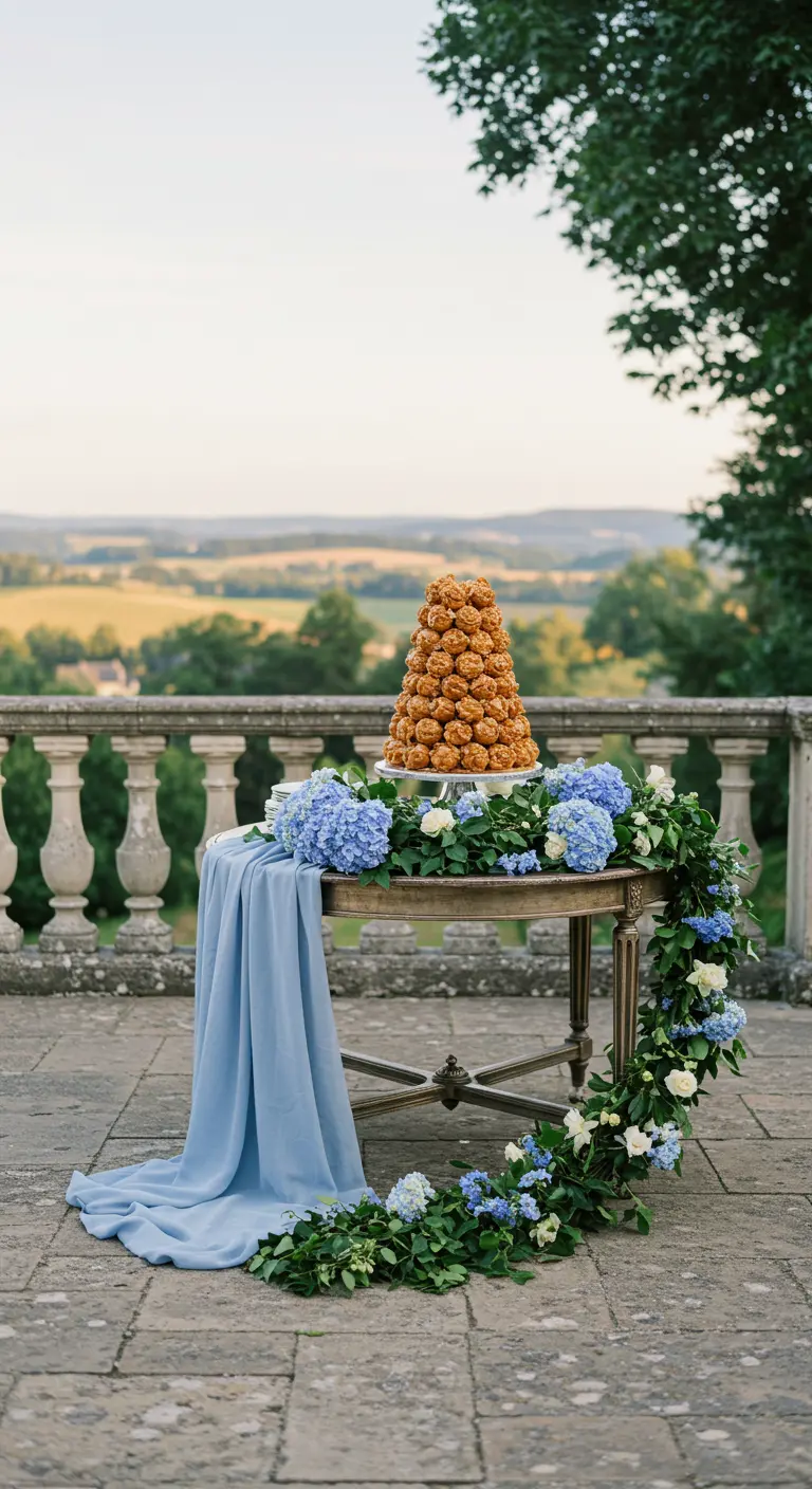 Croquembouche tower on a table with a cascading blue cloth and a hydrangea garland.