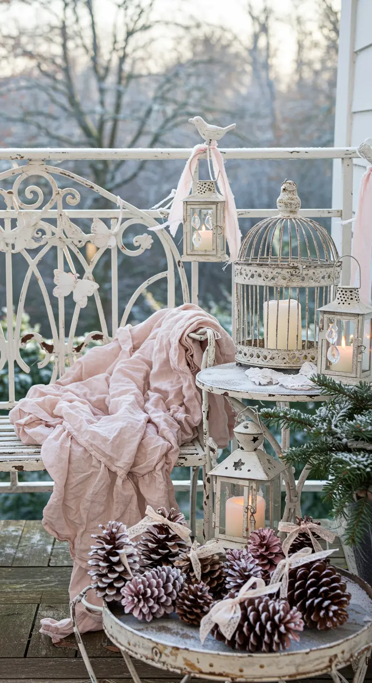 Romantic shabby chic balcony with distressed white furniture, pink throws, and pinecones.
