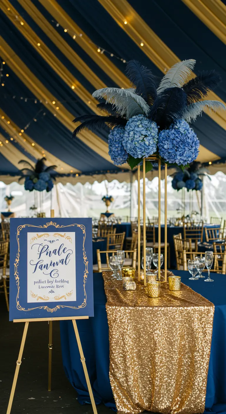 Elegant navy and gold carnival decor with feather centerpieces.