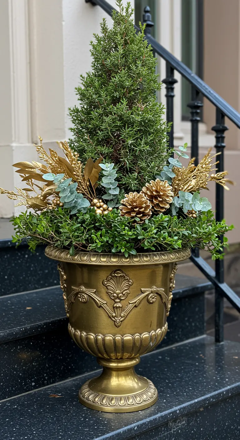 A gold urn on stone steps filled with evergreens, eucalyptus, and gold-painted pinecones.