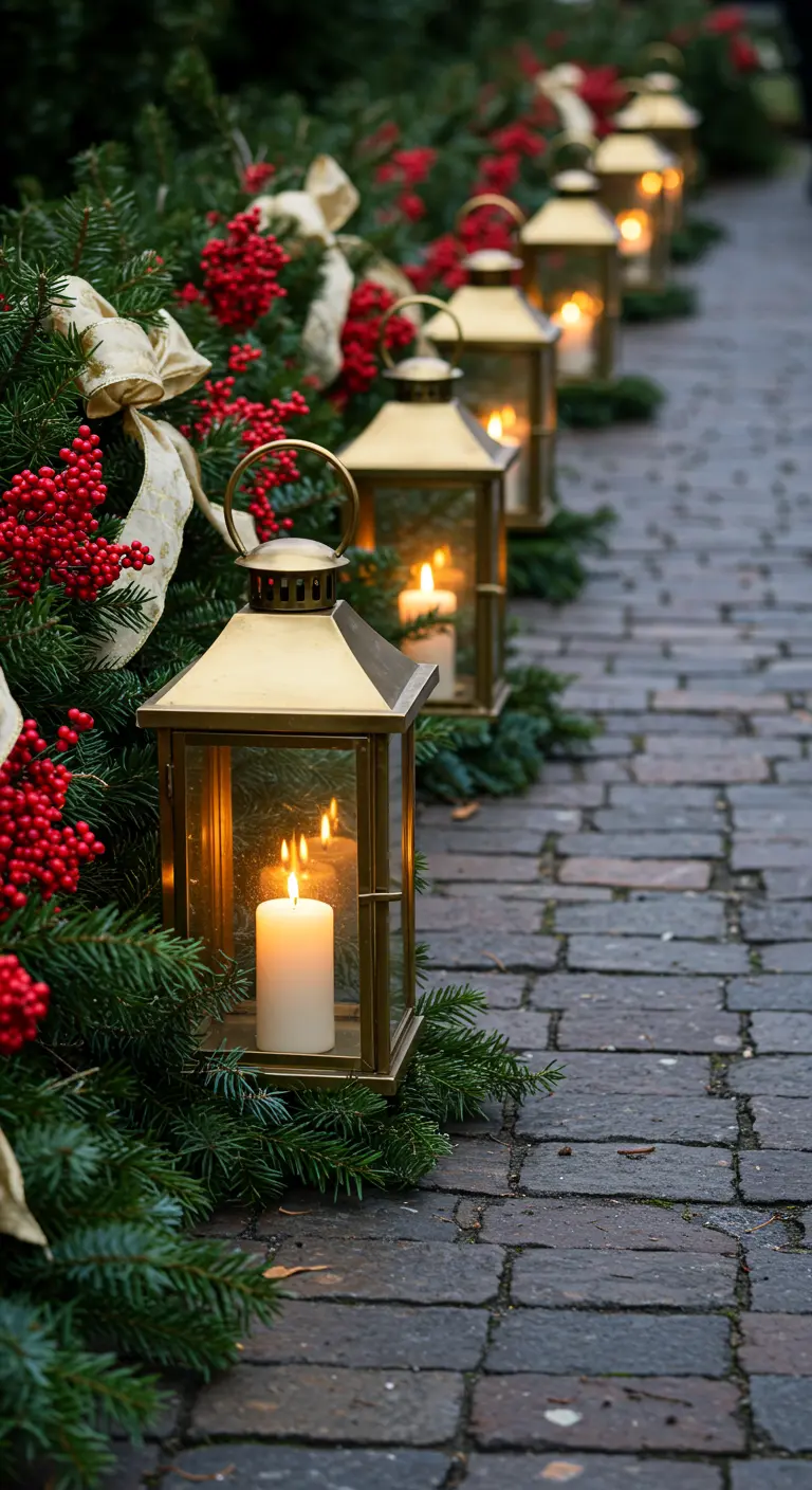 Brass lanterns with candles next to pine boughs and red berries.