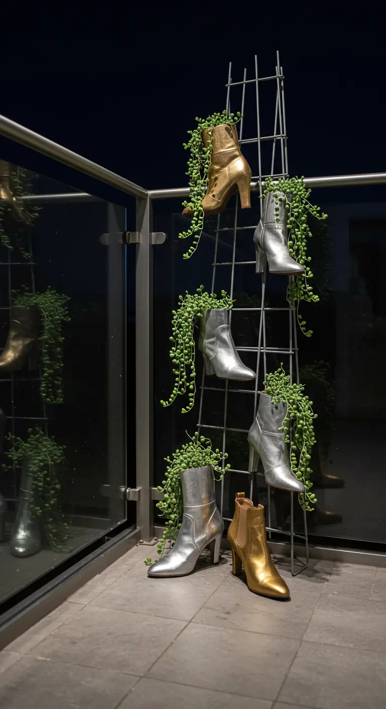 Metallic gold and silver high-heeled boots with trailing succulents on a balcony.
