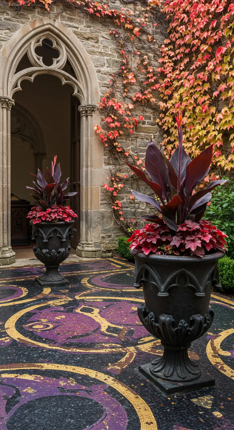 Courtyard with a purple and gold mosaic floor and dark foliage in black Gothic urns.