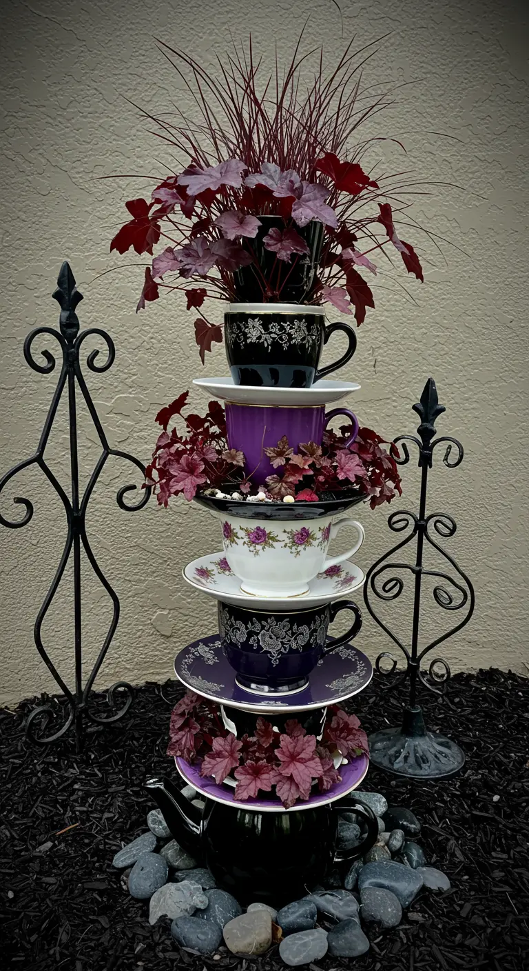 A dramatic tower of black and purple teacups with deep red foliage against a dark mulch background.