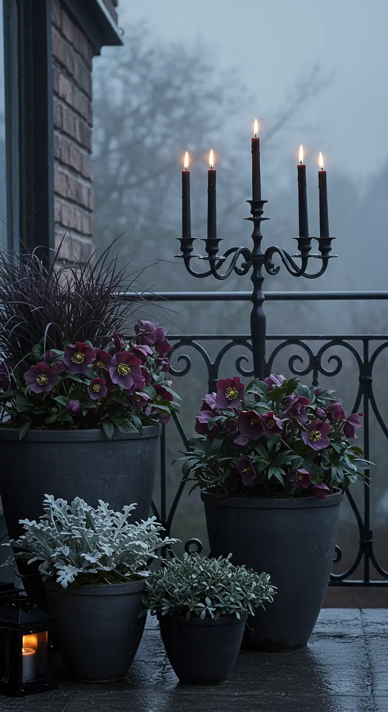 Dark purple hellebores in charcoal pots on a foggy balcony with a black candelabra.
