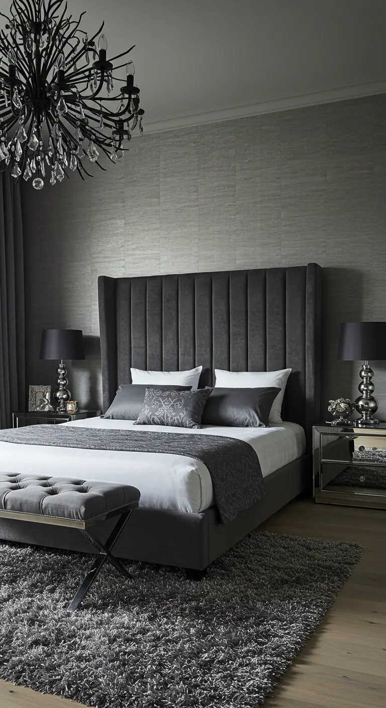 Glamorous gray bedroom with a velvet wingback bed, a black crystal chandelier, and mirrored nightstands.