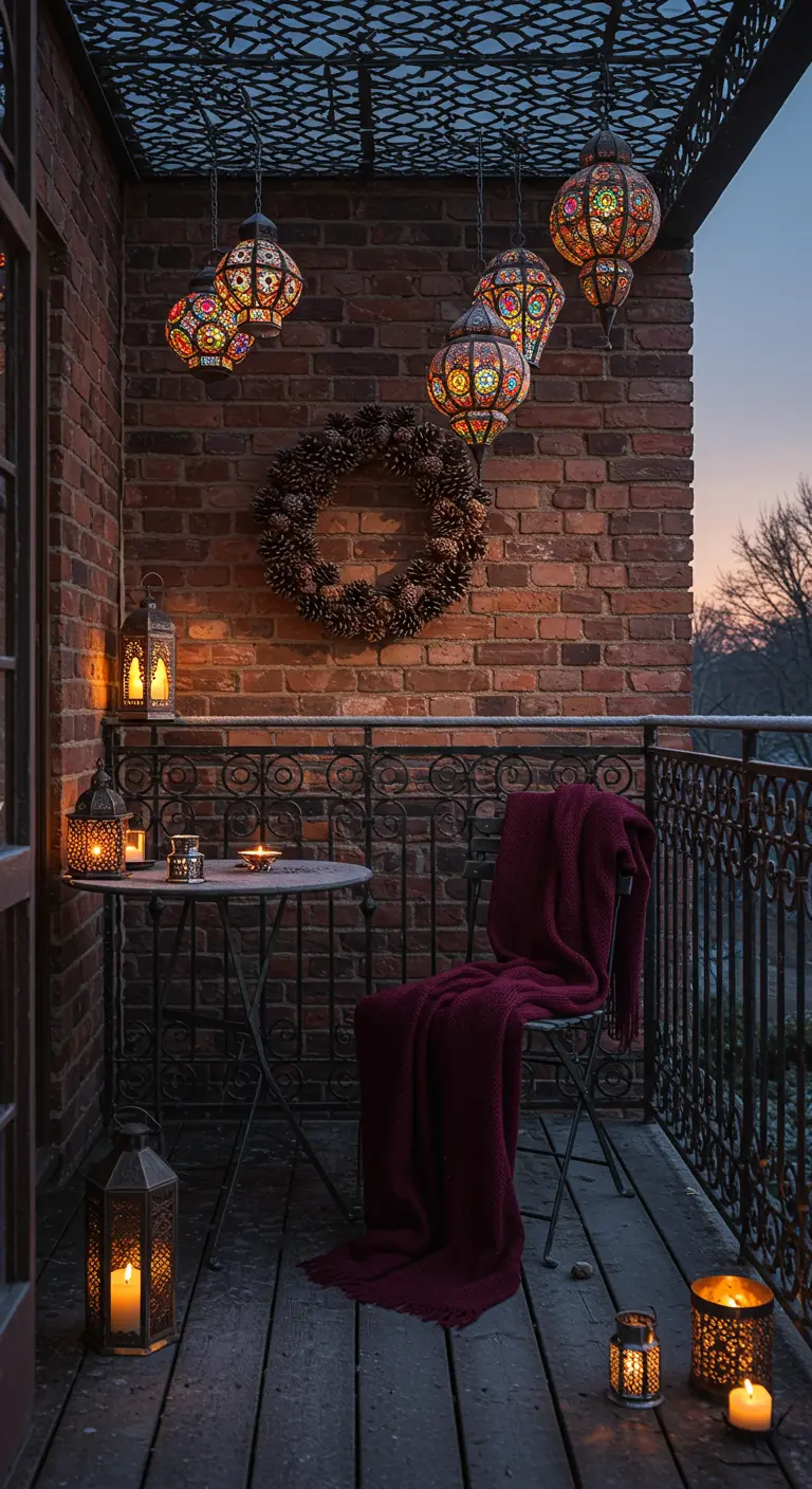 Small balcony with a bistro set, hanging Moroccan lanterns, and a pinecone wreath.