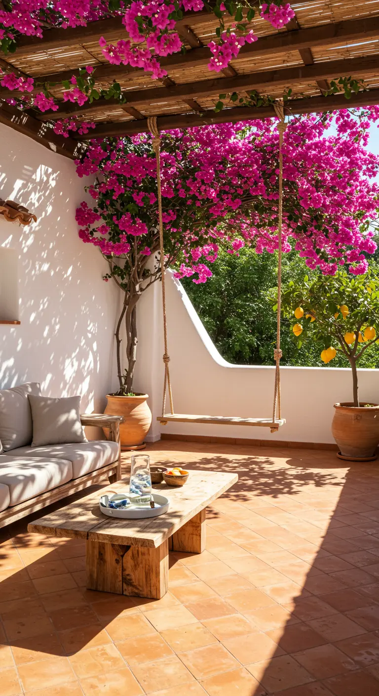 Sun-drenched terrace with pink bougainvillea, a wooden swing, and a rustic coffee table.