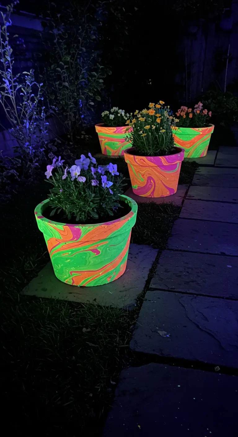 Four neon green and orange marbled planters glowing faintly in the dark along a garden path.