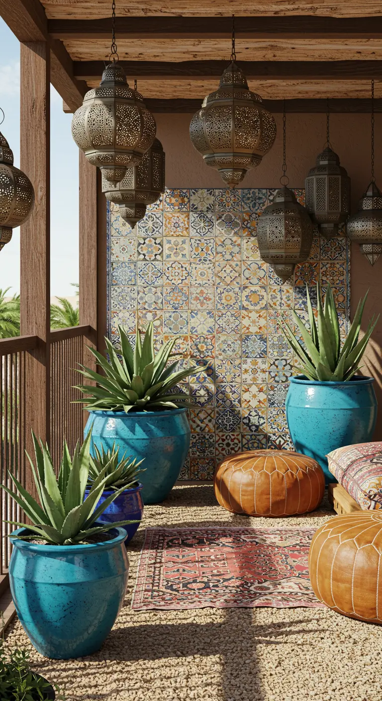 Moroccan-style balcony with patterned tile, turquoise planters, and hanging metal lanterns.