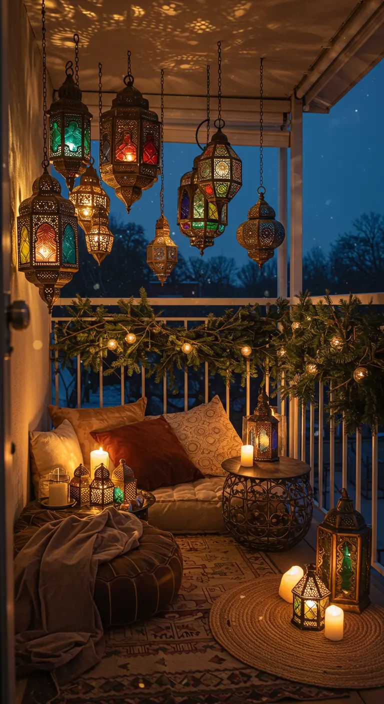A balcony styled with hanging colorful Moroccan lanterns, floor cushions, and warm lighting at night.