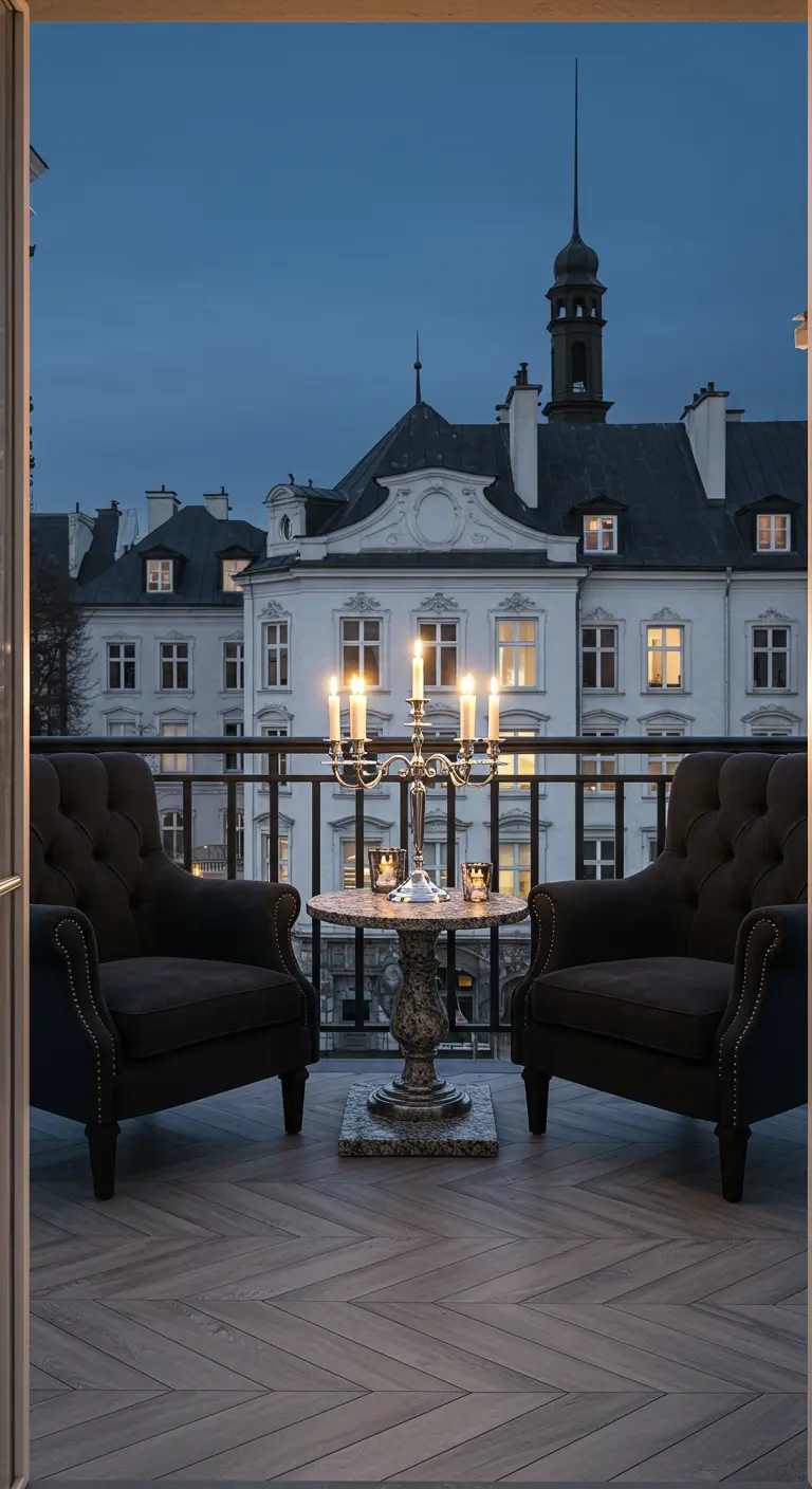 A classic balcony with two black armchairs, a small table, and an ornate silver candelabra.