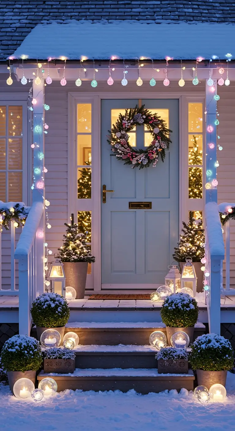 Porch with a light blue door, colorful pastel globe lights, and glowing orbs on the steps.