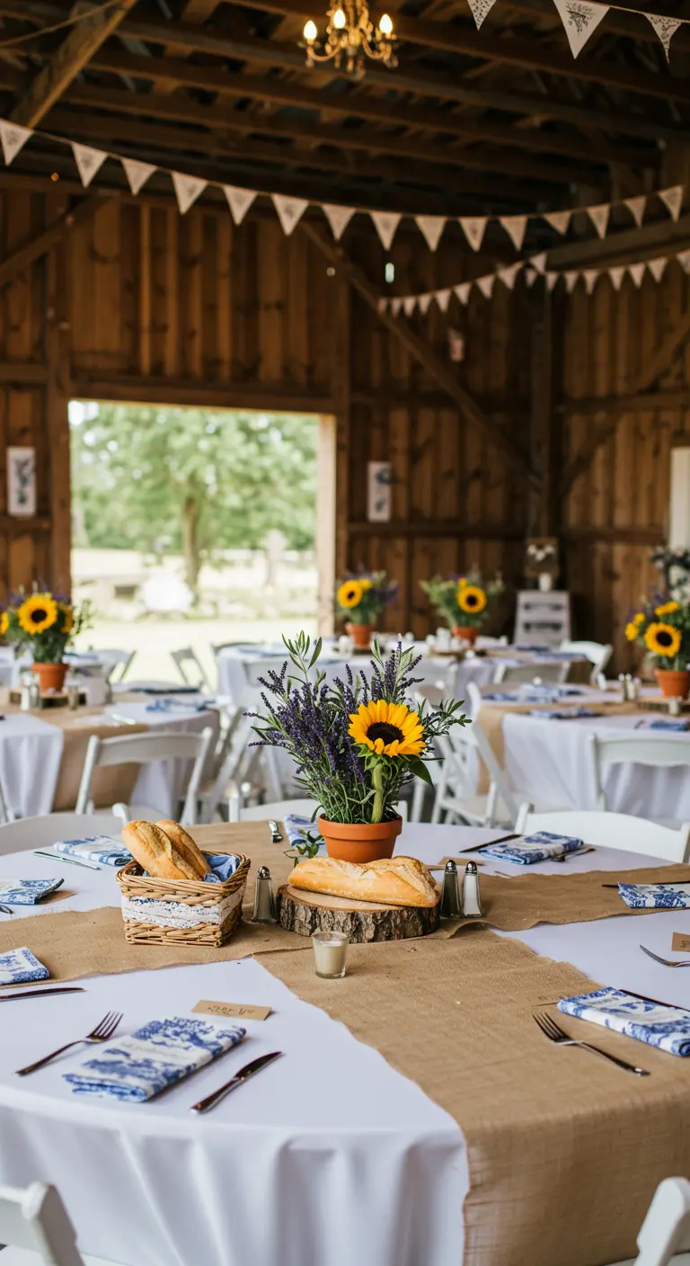 French country tablescape with lavender, sunflowers, and blue patterned napkins.