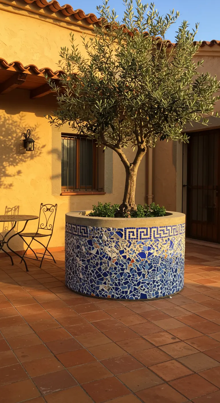 A large round concrete planter with a blue and white Greek key mosaic holds an olive tree.