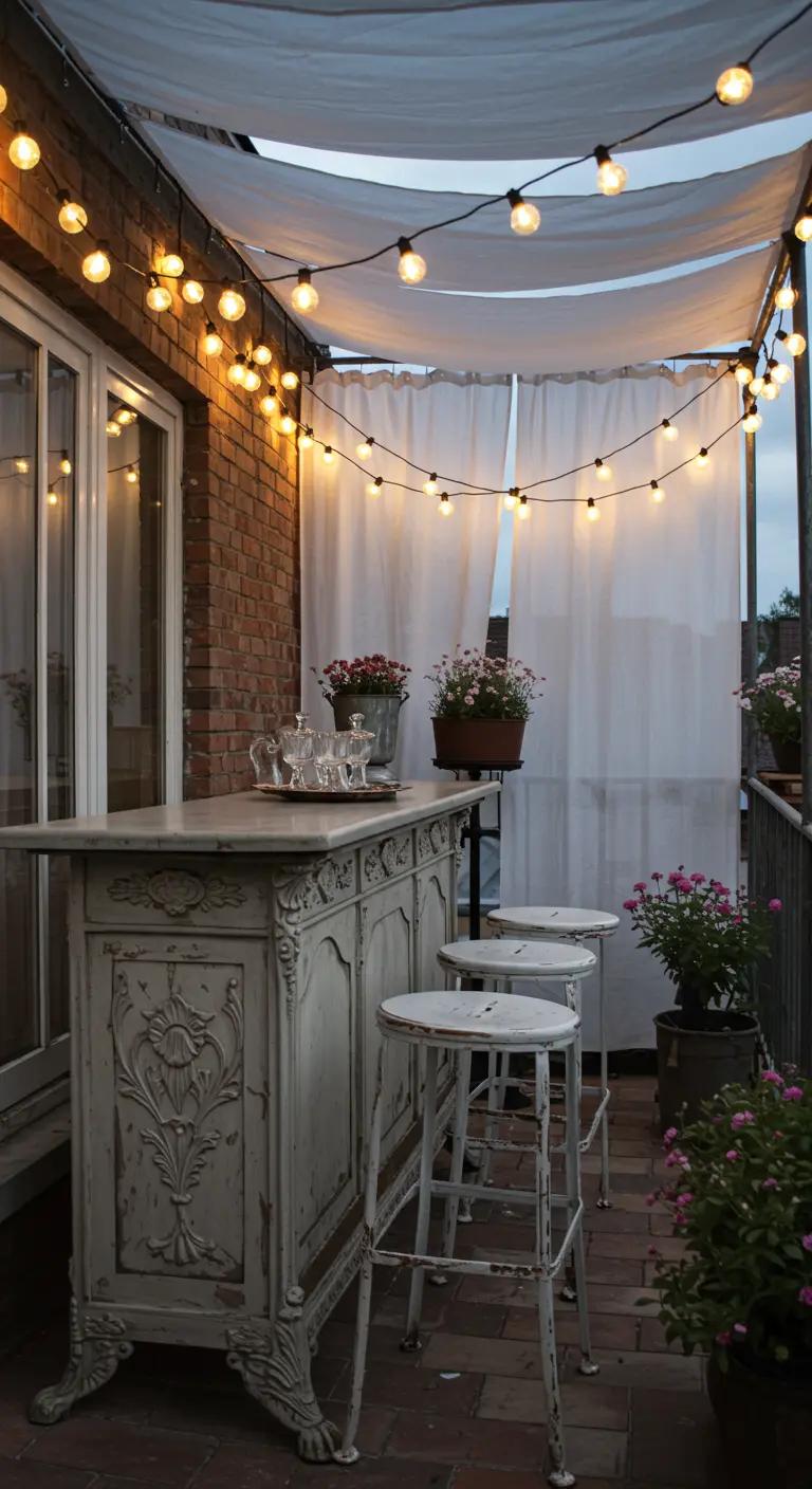 An ornate, antique white console table used as a bar on a balcony.