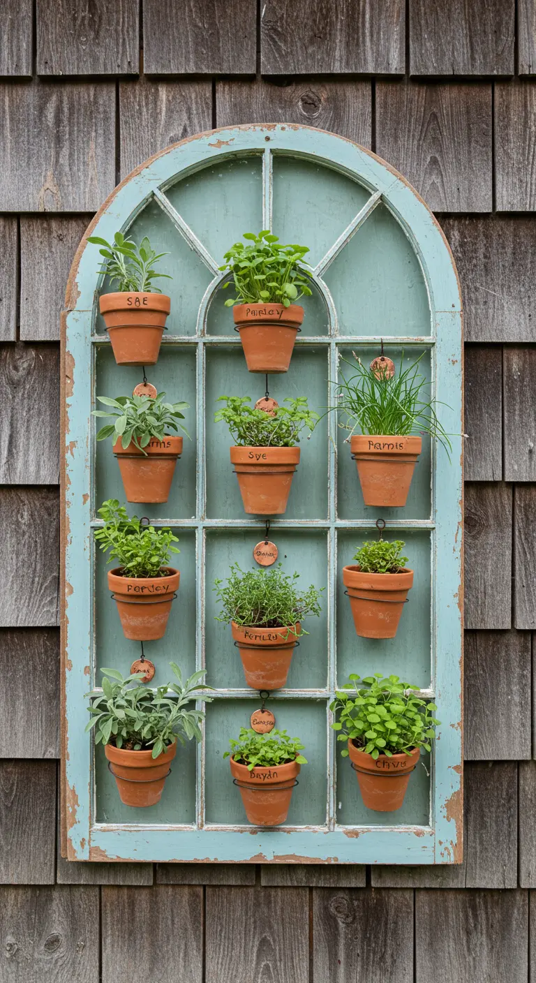 An arched, blue-painted window frame holding an array of terracotta pots with various herbs.