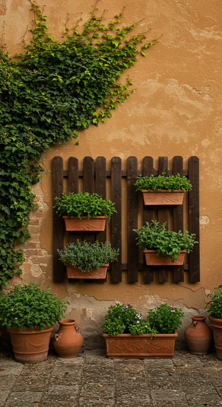 A dark-stained wood panel holds small terracotta pots with herbs, next to climbing ivy.