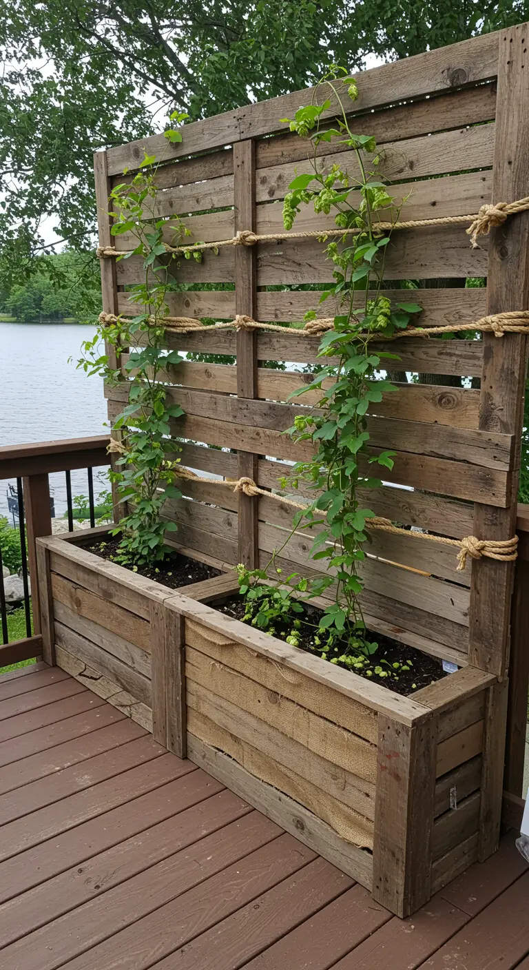 A rustic pallet wood screen on a deck, with thick nautical ropes strung horizontally as a trellis for hops.